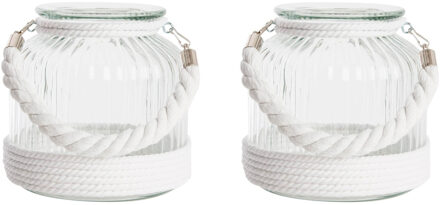 Home & Styling Kaarsen houder - 2x stuks - windlicht - wit - glas met touw - 18 cm