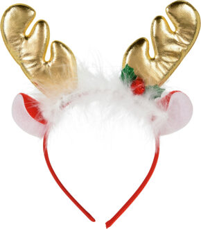 Home & Styling Kerst diadeem/haarband - rendier gewei met oren - goud - polyester - accessoires Rood