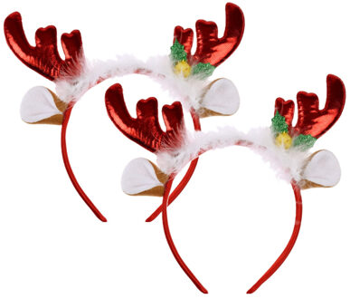 Home & Styling Kerst diadeems/haarbanden - 2x - rendier gewei met oren - rood - polyester - accessoires
