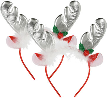 Home & Styling Kerst diadeems/haarbanden - 2x - rendier gewei met oren - zilver - polyester - accessoires