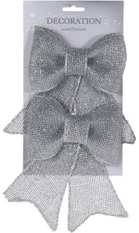 Home & Styling Kerstboomversiering Strikjes - 2x stuks - zilver - 33 cm - glitters - op clip