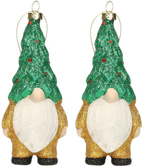 Home & Styling Kersthanger gnome/dwerg/kabouter - 2x - kunststof - 12,5 cm - goud/groen
