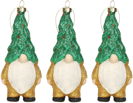 Home & Styling Kersthanger gnome/dwerg/kabouter - 3x - kunststof - 12,5 cm - goud/groen