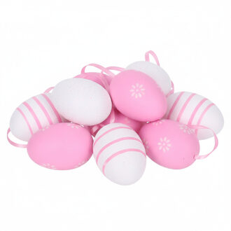 Home & Styling Paaseieren hangdecoraties - roze - 12x stuks - 6 cm - kunststof - Pasen versiering voor paastakken