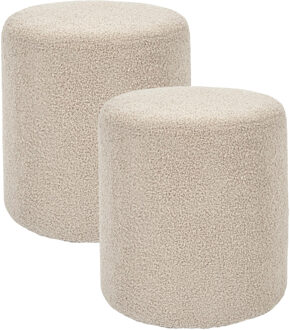 Home & Styling Poef boucl? - 2x - taupe - rond - D35 cm - teddy stof - hocker - teddy poef