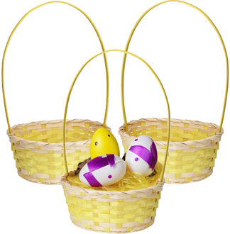 Home & Styling Rieten mandje met hengsel - 3x - geel - 20 x 38 cm - Opbergen - Paaseieren mandje