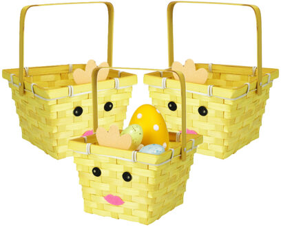 Home & Styling Rieten mandje met hengsel - 3x - kuiken thema - 16 x 22 cm - Paaseieren mandje