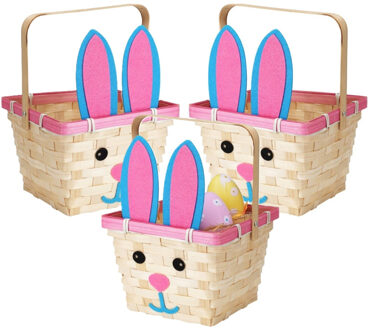 Home & Styling Rieten mandje met hengsel - 3x - paashaas thema - 16 x 22 cm - Paaseieren mandje