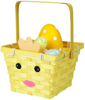 Home & Styling Rieten mandje met hengsel - kuiken thema - 16 x 22 cm - Paaseieren mandje Geel