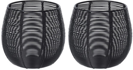 Home & Styling Theelichthouder/waxinelichthouder van metaal draad - 2x - zwart - D10 cm - Kaarsenhouder