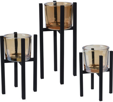 Home & Styling Theelichthouders - set 3x stuks - zwart - metaal/glas - Waxinelichthouders