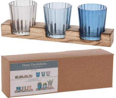 Home & Styling Theelichthouderset Glas Op Houten Plank blauw
