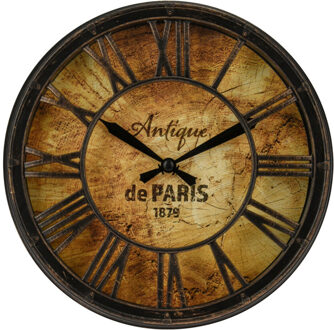 Home & Styling Wand klok in oude deco stijl - Romeinse cijfers - Dia 21 cm - zwart/roestbruin - kunststof