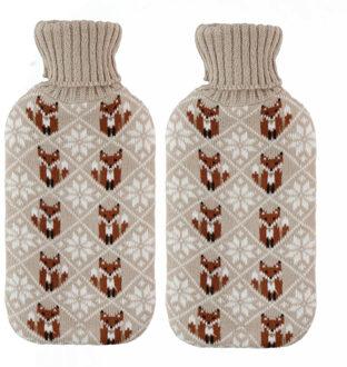 Home & Styling Warmwaterkruik - 2x - 2L - beige - met hoes - kruik - winter print - vos