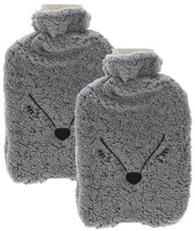 Home & Styling Warmwaterkruik - 2x - 2L - grijs - kruik met hoes - vos - dierenkruik