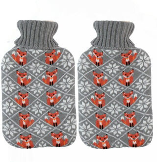 Home & Styling Warmwaterkruik - 2x - 2L - grijs - met hoes - kruik - winter print - vos