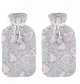 Home & Styling Warmwaterkruik - 2x - 2L - grijs/roze - met hoes - kruik - hartjes print