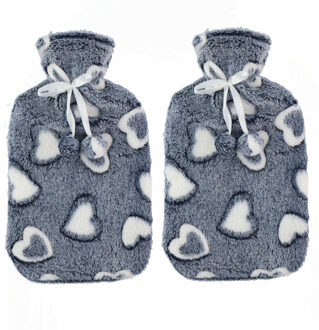 Home & Styling Warmwaterkruik - 2x - 2L - grijs/wit - met hoes - kruik - hartjes print