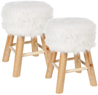Home & Styling zit krukje Malmo - 2x - houten onderstel en fluffy stof - wit - D30 x H43 cm