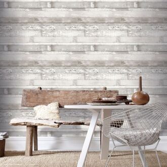 Homestyle Behang Wood gebroken wit en grijs