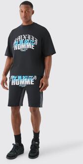 Homme Print Denim Gusset T-Shirt And Short Set, Black - M