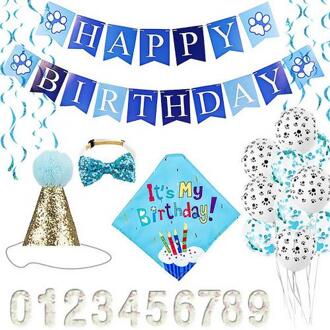 Hond Bandana Hoed Set Driehoek Sjaal Shining Puppy Leuke Vlinderdas Halsdoek Kraag Gelukkige Verjaardag Banner 0-9 Nummers poot Bal blauw