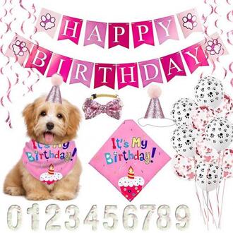 Hond Bandana Hoed Set Driehoek Sjaal Shining Puppy Leuke Vlinderdas Halsdoek Kraag Gelukkige Verjaardag Banner 0-9 Nummers poot Bal roze