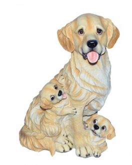 Honden beeldje Golden Retriever met puppies - beige - polystone - 35 cm Multi