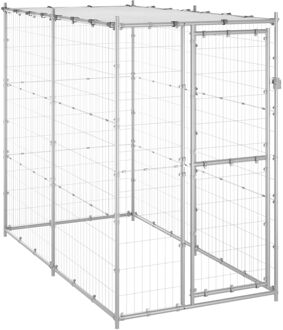 Hondenkennel buiten met dak 110x220x180 cm gegalvaniseerd staal Zilverkleurig