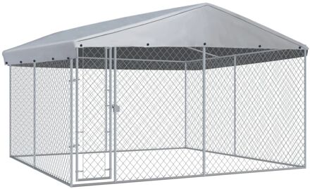 Hondenkennel voor buiten met dak 382x382x225 cm Zilverkleurig