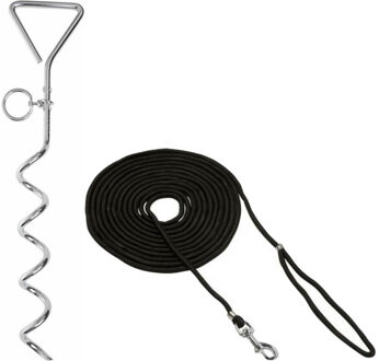 Hondenlijn - incl. aanlegspiraal - 15 meter - metaal/nylon - zoeklijn hond - grondpen