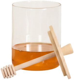 Honingpot incl lepel - transparant - glas/bamboe - 400 ml