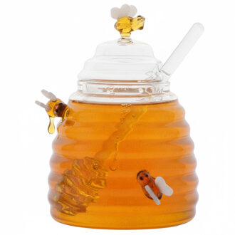 Honingpot met honinglepel - 14 cm - glas - 3D bijenmotief