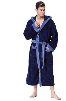 Hooded Badjas Mannen Gewaad Nachtkleding Pluche Winter Verlengd Patchwork Lange Mouw Gewaad Badjas D90914 bu / M