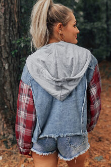 Hooded Denim Jacket met Geruite Mouwen Grijs
