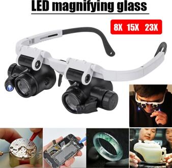 Hoofdband Bril Vergrootglas Met Led Licht 8X 15X 23X Vergrootglas Voor Horlogemaker Sieraden Optische Lens Glas Vergrootglas Loupe
