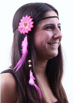 Hoofdbandje hippie / ibiza met bloem pink en veren