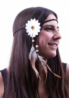 Hoofdbandje hippie / ibiza met bloem wit en veren