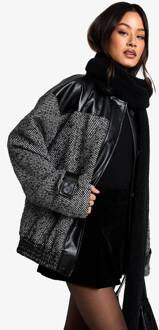 Hoog Oversized Bomberjack Met Contrast-Pu-Afwerking In Visgraatmotief, Black/White - 40