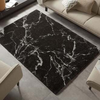 Hoogpolig vloerkleed marble Mayrin - zwart/crème 120x170 cm