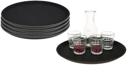 Horeca dienblad met anti slip laag - 5x - zwart - kunststof - D35 cm - rond dienblad