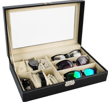 Horloge/bril organizer Lyon - zwart - 9 vakjes - horlogebox - zonnebrillen