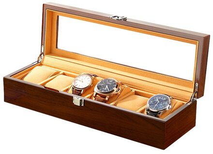 Horloge Dozen Bruin Houten 6 Grids Mechanische Horloges Display Jewelry Collection Organizer Box Ring Kast M1002-1