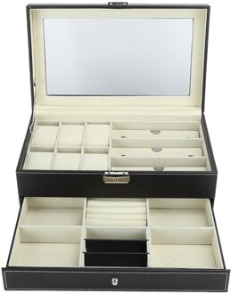 Horloge Opbergdoos Dubbele Laag Grote Capaciteit Pu Lederen Sieraden Oorbel Ring Ketting Glazen Display Case Organizer Houder