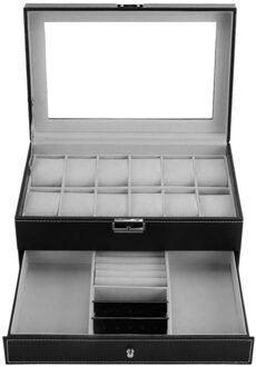 Horloge Sieraden Case Houder Zwart Bruin Kist Doos Professionele 12 Grids Slots Horloges Verpakking Opslag Pu Lederen Dubbele Lagen