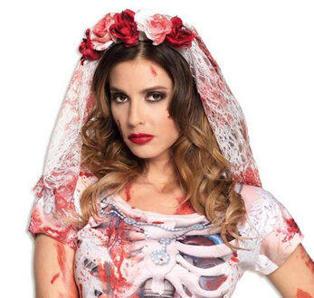 Horror bruid haarband/diadeem met bebloede sluier/bloemen voor volwassenen