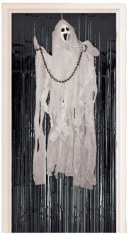 Horror decoratie pakket hangende geest/spook pop met zwart deurgordijn