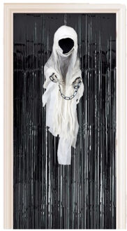 Horror decoratie pakket hangende geest/spook pop met zwart deurgordijn