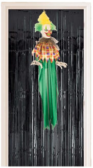 Horror decoratie pakket hangende horrorclown pop met zwart deurgordijn