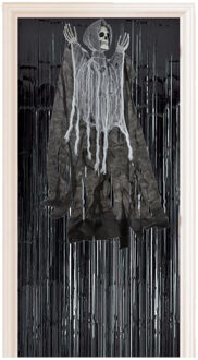 Horror decoratie pakket hangende skelet geest pop met zwart deurgordijn